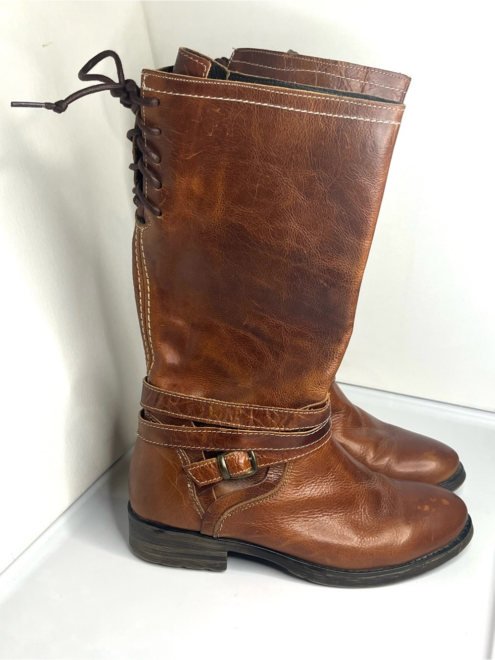VTG Bed Stu Womenโs Size 8 Distressed Brown Leather Mid-Calf Riding Boot